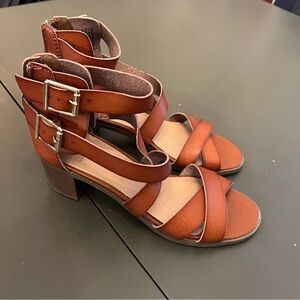Big Buddha Cognac Strappy Block Heel Sandals